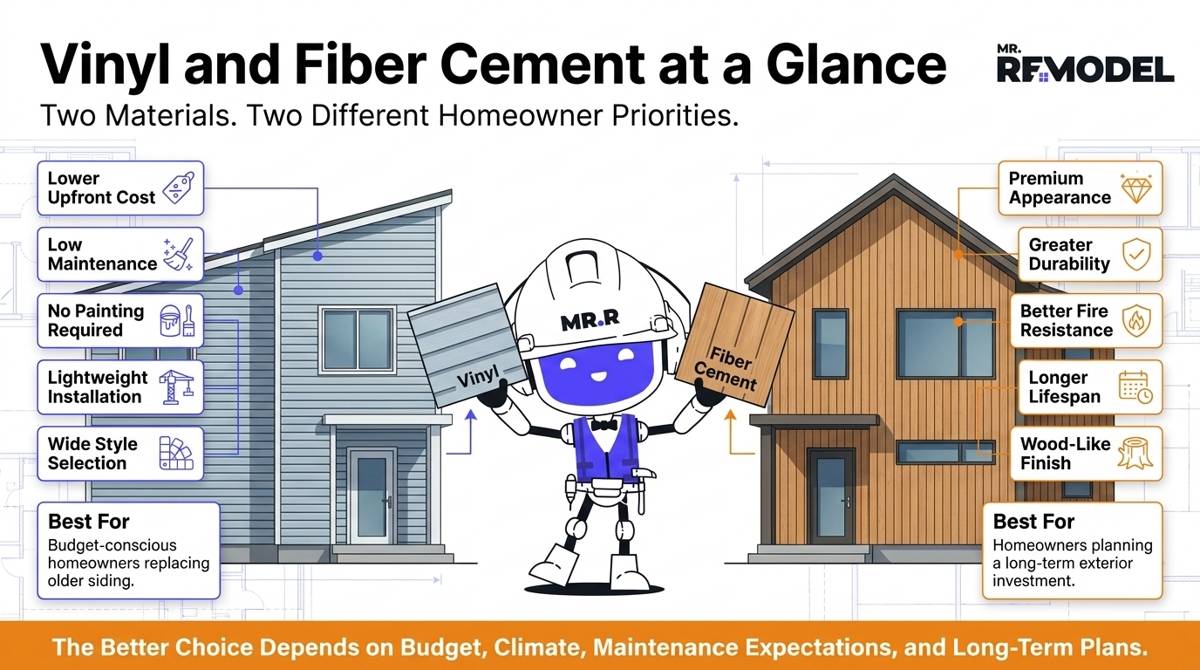 Editorial infographic presenting vinyl siding and fiber cement siding as two competing exterior systems with detailed feature callouts.
